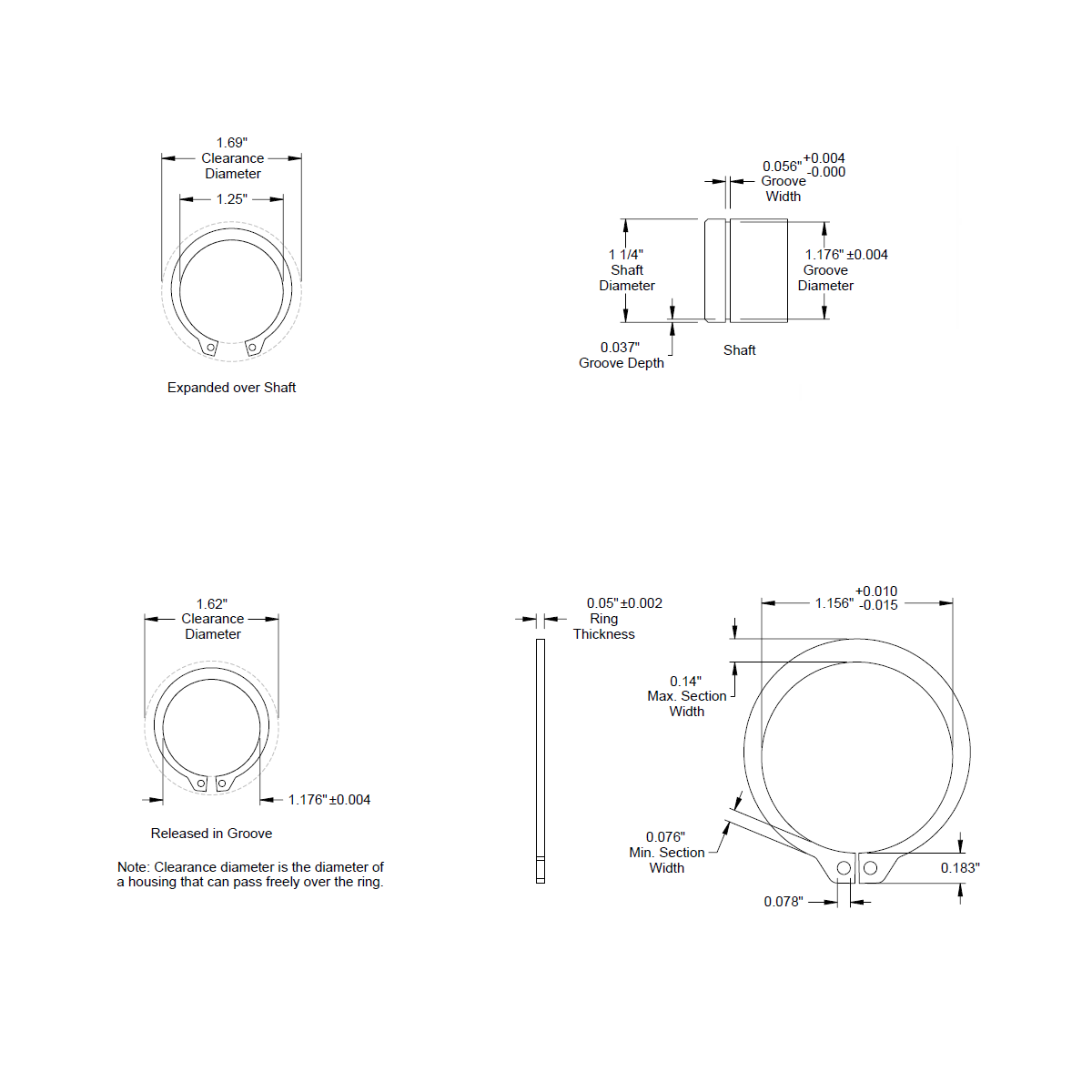 1 1/4" (1.250 in) External Snap Ring, Retaining Ring, SAE, Black Phosphate Inch